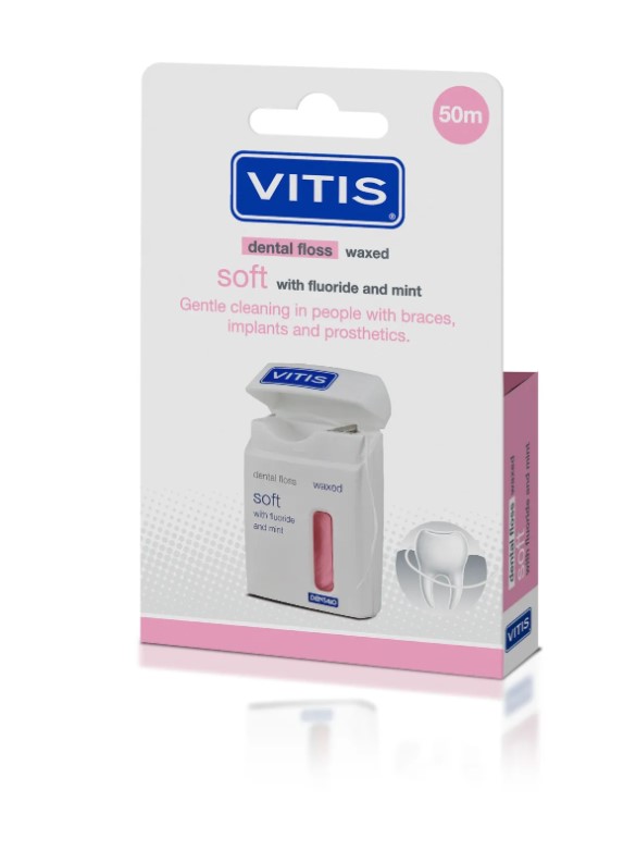 Нить межзубная Vitis Waxed Dental Floss with Fluoride and Mint 50 м скрученная мягкая упаковка 